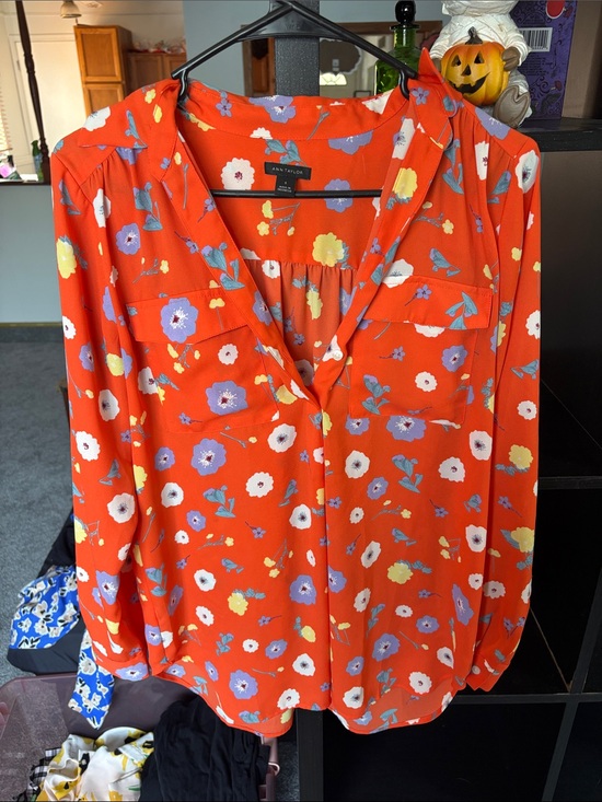 Ann Taylor Tops - Ann Taylor Orange Floral V-Neck Long-Sleeve Blouse